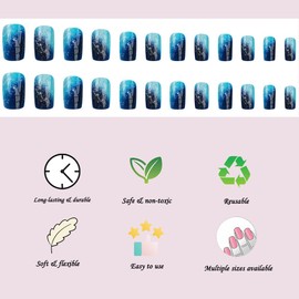 Blue Short Medium Press on Nails Square Fake Nails Pretty Stick on Nails with Sea Wavy Designs for Women Full Cover Glue on Nails Artificial Stick on Nails for Wedding Birthday Prom 24pcs
