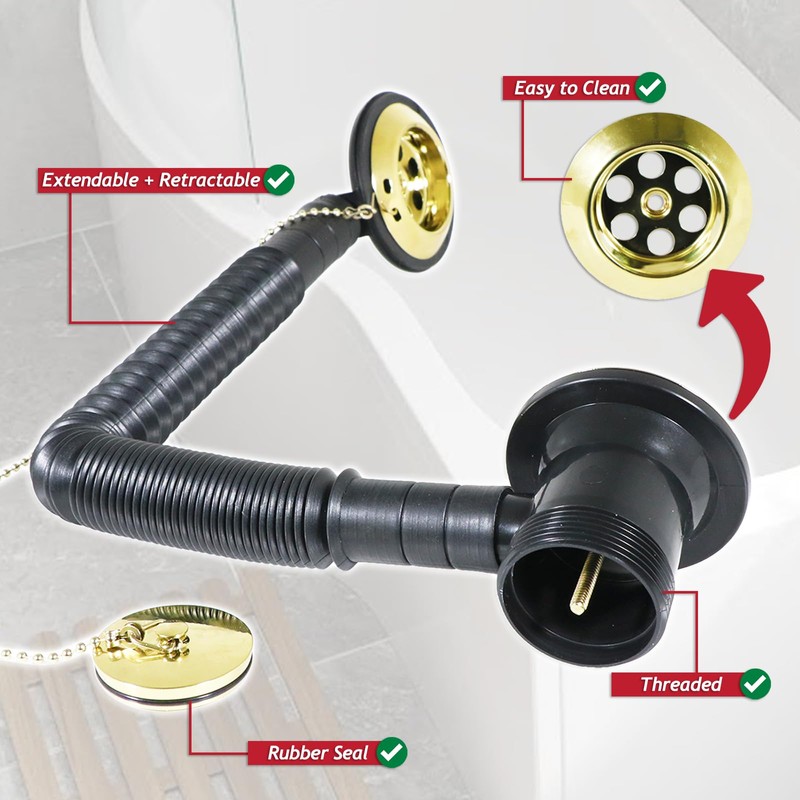 SPARES2GO Bath Combination Waste Plug and Chain Luxury Gold Brass