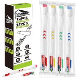VKshop 12 PS Bulk Disposable Toothbrushes with Toothpaste, Individually Wrapped Travel Toothbrush Sets Portable and Hygienic for Home, Hotel,Travel,Party,Flight Use，Daily Backup（White 5g Toothpaste）