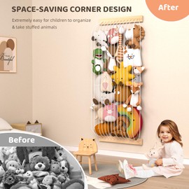 VORTULIUK Stuffed Animal Storage Toy Organizer, Wood Hanging Toy Storage - Upgraded Stuffed Animal Hammock Corner for Plushie Toys, Plushies Storage for Wall & Door Kids Playroom Bedroom Organizer