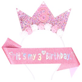 YARIEW 3rd Birthday Decorations for Girls, 3rd Birthday Headband and Glitter Birthday Sash Kit, Birthday Tiara Flower Princess Crown Headband It's My Birthday Sash Birthday Girl Outfit