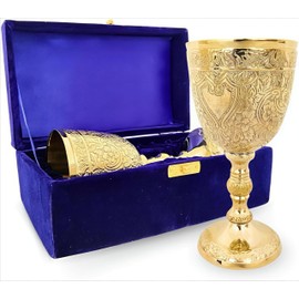 Vintage Chalice Medieval Brass Wine Goblet, Decorative Wine Glass Communion Cup with Royal Embossed Design, Perfect Ideal for Gifting, Home Décor, and Ceremonial Use, Baptism (With Velvet Box)