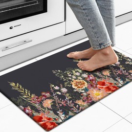 MAYHMYO Kitchen Rug Anti Fatigue Kitchen Mat Cushioned Black Floral Plants Cute Vintage Kitchen Rugs Non Skid Waterproof Kitchen Rugs and Mats for Floor Laundry Standing Desk Sink