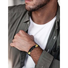 PYNZY Double-Row Leather Bracelets for Men, Stainless Steel Braided Bracelet with Lava Rock Agate for Jewelry Gifts, 21CM, Stainless Steel, no gemstone