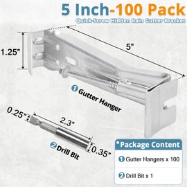 Quick Screw Gutter Hangers - 5" Hidden Roof Gutter Support Brackets for Sagging 5 Inch K-Style Aluminum Gutters Repair, Comes with 1/4” Hex Drill Bit, 100 Pack