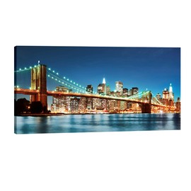 Pyradecor Large Modern New York Cityscape Canvas Wall Art Brooklyn Bridge Night View Canvas Prints Stretched Landscape Pictures Paintings Artwork for Living Room Home Decorations L