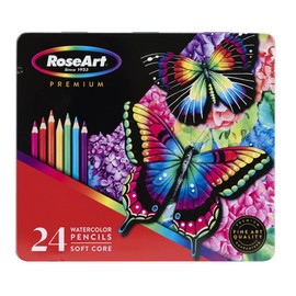 RoseArt Premium 24ct Soft Core Watercolor Pencils – Art Supplies for Drawing, Sketching, Adult Coloring in Design Storage Tin, multi (84402)