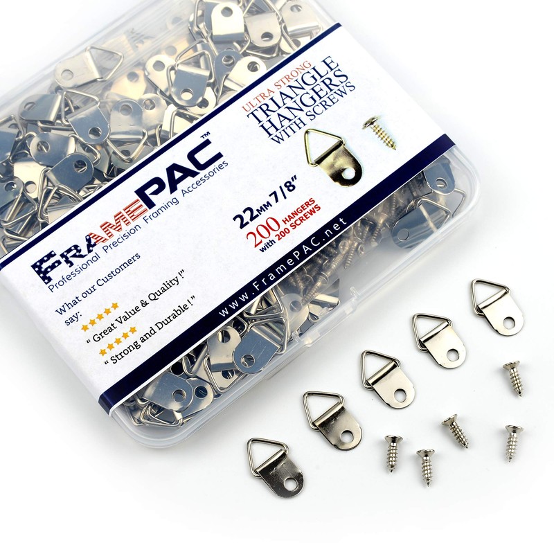 FramePac 200 Pack Picture Hangers with Screws, Small Triangle Ring,