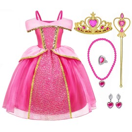 TYHTYM Princess Aurora Dress Kids Sleeping Beauty (Princess Aurora Dress + Accessory Set) 6-piece Set Kids Costume (Rose, 110)