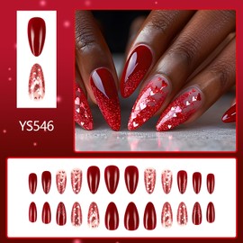 Red Glitter Powder Heart Valentine's Day Press on Nails Almond Long Glossy Full Cover Gradient Love Heart Stick on Nails Red False Nails Artificial Solid Color Acrylic Nails Glue on Nails for Women