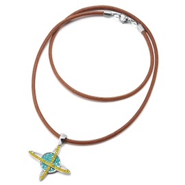 COOLSTEELANDBEYOND Blue Planet Saturn Pendant with Rhinestones, Unisex Necklace for Men and Women, with Brown Leather Cord, Leather rope, Rhinestone