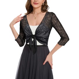 Women Crop Cardigan Sheer Mesh Bolero Shrug for Dress Tie Front 3/4 Sleeve Tops (Black,L)