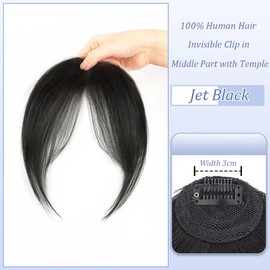 Invisible One Piece Clip in Blunt Bangs Extension with Baby Hair Human Hair Middle Part Wispy Fringe With Temples (Jet Black)