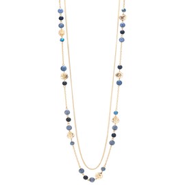 FULU AUTUMN Boho Gold Long Necklaces for Women Natural Stone Beaded Layered Long Necklace Mothers Day Gifts Dainty Flower Costume Jewelry for Women(Dark Blue)