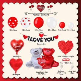 Valentines Day Decorations Heart Balloons: Red and White Balloons with Red Heart Love-Bear Foil Balloons, I Love You Banner, Fake Rose Petals Décor for Anniversary, Proposal, Galentines Decorations