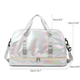ZIOSINM Women's 40L Small Travel Bag Weekender Glitter Sports Bag with Shoe Compartment and Wet Compartment, Sauna Bag, Swimming Bag, Training Bag, Fitness Bag, Gym Travel Bag, White, Fashion