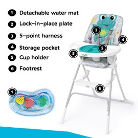 Baby Einstein Ocean Explorers Snack & Splash Compact Folding High Chair, with Water Mat, 5 Point Safety Harness, Ages 6 Months and Up, Unisex