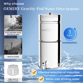 OEMIRY 3.25G Gravity Water Filter System, NSF/ANSI 42&372 Standard, 304 Stainless Steel Countertop System with 3 Carbon Filters and Stand, Reduce 99% Chlorine and Lead