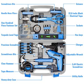 Cartman 149 Piece Tool Set General Household Hand Tool Kit with Cordless Screwdriver Blue