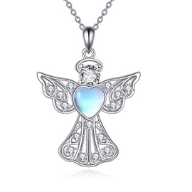 ANGSAU Guardian Angel Necklace S925 Sterling Silver Guardian Angel Necklace for Women Angel Jewelry, Sterling Silver, Moonstone