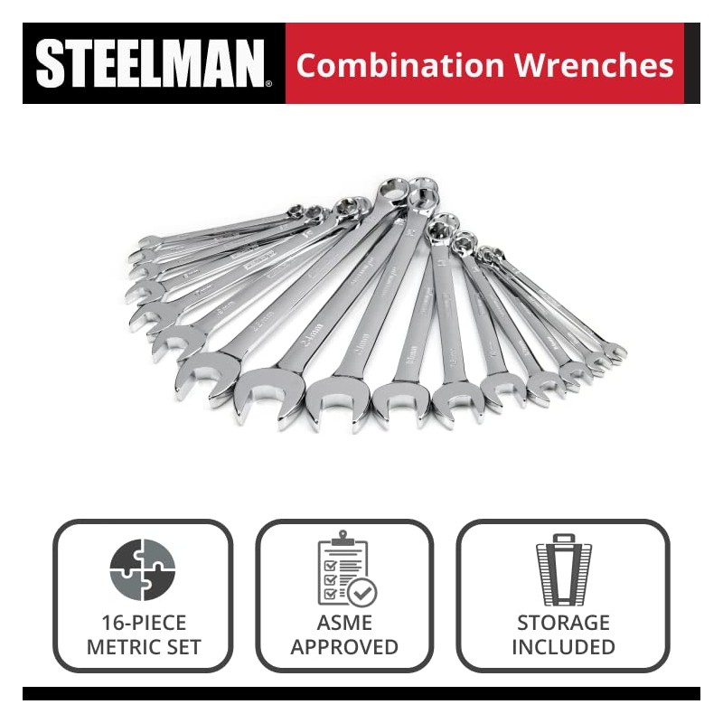 Steelman Pro 16-Piece Metric 6-Point Combination Wrench Tool Set, Durable