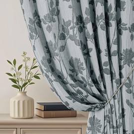 OVZME Black Floral Curtains for Living Room 96 Inch Length 2 Panels Set, Light Filtering Soft Airy Crinkled Textured Window Curtains, Rod Pocket Back Tab Farmhouse Drapes for Bedroom, Each 50Wx96L