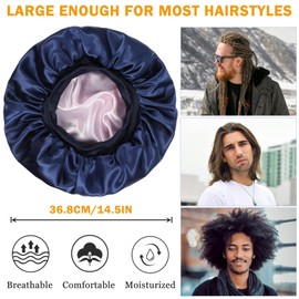 2 Pcs Large Satin Bonnet for Men, Reversible Double Layer Sleeping Bonnet for Women, Big Shower Cap for Braids Curly Hair, Satin Silk Bonnets for Overnight Sleeping (Red/Black and Pink/Navy Blue)