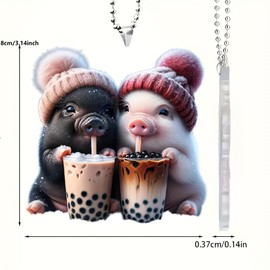 Little Pigs Drinking Boba Tea Acrylic Ornament - 2D Flat Winter Snow Charm for Car Mirror, Backpack Keychain - Cute Party Favor & Gift