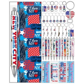Sayglossy 120Pcs/24Sets New York Souvenir Gifts Include 24 New York City Ballpoint Pens 24 Nyc Souvenir Metal Keychains Cards USA Flag Statue of Liberty Keychain Rings with Bags for Office Travelers