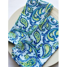 Naomi Set of 2 Paisley Print Napkins - Custom Made in Your Size - 100% Cotton Duck Canvas Fabric - Rustic Paisley Blues with Green - Hemmed - Homemade in Texas (17, Standard)
