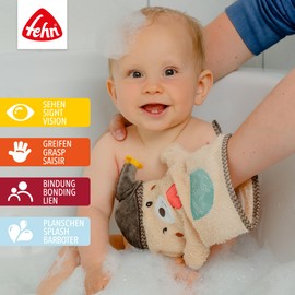 Fehn Wash Glove Donkey - Washcloth with Animal Motif for Happy Bathing Fun, for Babies and Children from 0+ Months 081442 Bear multicoloured