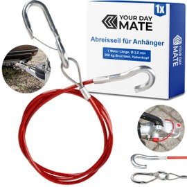 Trailer Breakaway Rope, 1 Set 1 Metre x Diameter 2.5 mm Steel Cable with Carabiner and Catch Hook, 250 kg Breaking Load, in Red, for All Types of Braked Trailers and Caravans, Coated Safety Rope AHK