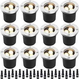 3W Led Low Voltage Landscape Lighting with Wire Connectors,Led Well Lights,12V In Ground Lights and Landscape Lights IP67 Waterproof for Garden, Driveway, Deck,Tree Up Lights( Warm White 12 Pack)