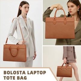 BOLOSTA Laptop Bag for Women 15.6 inch Work Tote Bags for Women Large Waterproof Leather Computer Bag with Clutch Purse (Z-Brown)