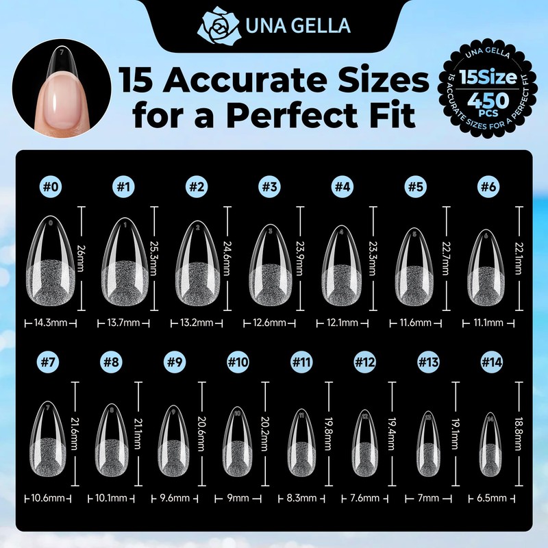 UNA GELLA Gel Nail Tips Almond Shape Medium Pre-etched 450PCS