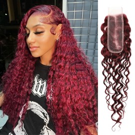 ALHER 2X6 HD Lace Closure Brazilian Human Hair #99J Dark Red Burgundy Water Wave, Wine Red Color Wet n Wavy Long Deep Middle Part Kim K 2 by 6 HD Lace Closure Bleached Knots Baby Hair (2X6, 18 Inch)
