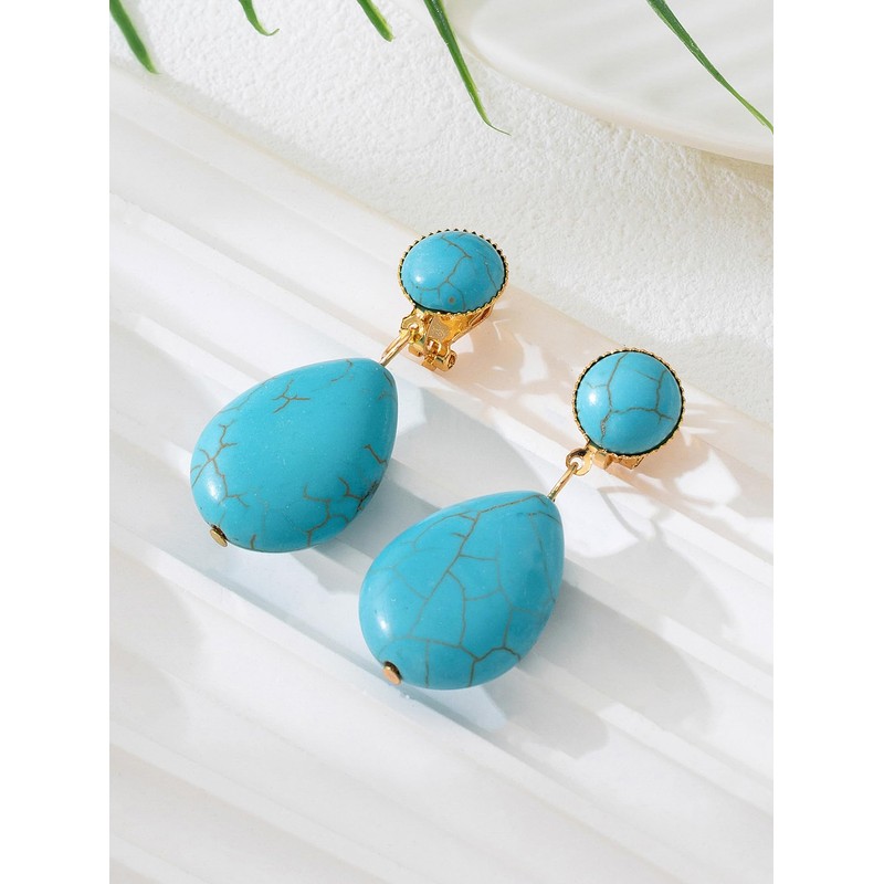 Turquoise Drop Earrings for Women – Clip-On Design with Oval