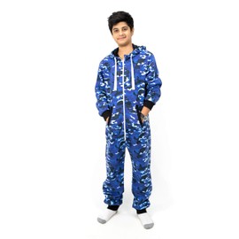 NOROZE Boys Aztec Print Gaming Onesie Fleece Hooded Costume | Playsuit All in One Piece Boys Girls Unisex Casual Loungewear Hooded Jumpsuit (13 Years, Camo Blue)