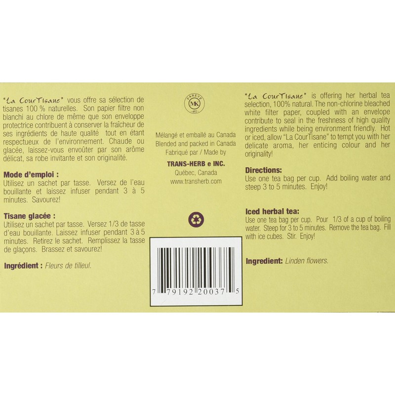 La Courtisane Herbal Tea Linden Flowers, Kosher, Gluten-Free, 20 Teabags