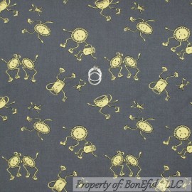 Michael Miller Fabrics BonEful Fabric FQ Cotton Quilt Gray Yellow Retro KITCHEN Black Plate Cup Tea Set