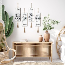 Qunclay 4 Pieces Boho Wall Decor for Bathroom 12 x 5 Inch Relax Soak Unwind Breathe Bathroom Sign with Beads Leaf Print Minimalist Botanical Wall Art Farmhouse Wooden Hanging Art(Gray,Flower)