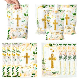 ANGOLIO Easter Treat Party Bags - 50Pcs White Gold Party Favors Bags Print Easter Cross God Bless Candy Bags with Handles Plastic Gifts Bags Birthday Snack Bags Easter Party Favor Supplies for Kids
