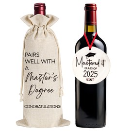 Qubereeree Masters Degree Graduation Wine Bag - Funny Grad Gift for Her Him - 5.9 x 13.8 Inch - Holds 750ml Wine Bottles - Perfect for Graduation Parties & Celebrations
