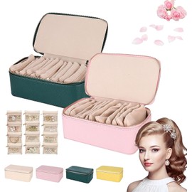 Joyero de viaje con estuche pequeño, organizador portátil de joyas de cuero sintético con 12 estuches pequeños, para aretes, anillos, collares y pulseras (Rosa+Verde)