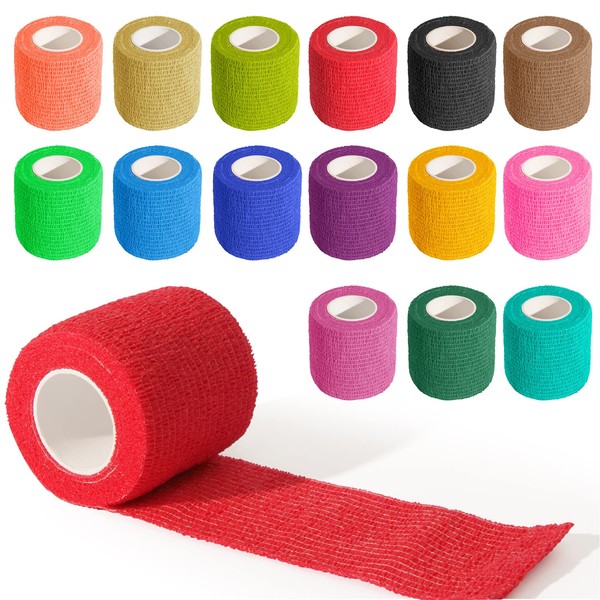 OBTANIM 15 Pack 2 Inches X 5 Yards Self Adhesive Bandage Wrap, Colorful Breathable Cohesive Vet Wrap Rolls Elastic Self-Adherent Tape for Stretch Athletic, Sports, Wrist, Ankle