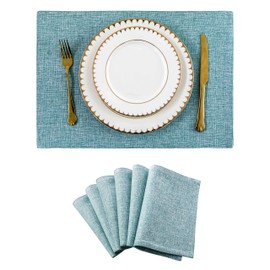 Home Brilliant Table Mats Set of 6, Teal Placemats for Kitchen Dinning Restaurant, Faux Linen Heat Resistant Washable Place Mats, 33 x 48 cm(13x19 Inch), Teal