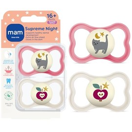 MAM Supreme Night Pacifiers (2 Pack, 1 Sterilizing Pacifier Case), Best Pacifier for Breastfed Babies 16+ Months, Glow in the Dark Pacifiers, Girl Pacifier