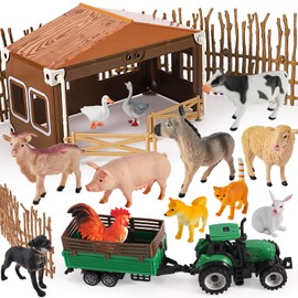 BUYGER Farm Animals Figures Set, Different Size with Tractor Trailer Vehicle Toy, Assemble Fence Farm House Barn Playset Gifts for 3 4 5 Year Olds Kids Toddler