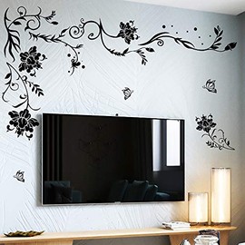 Supzone Flowers Vine Wall Decals Black Flower Wall Stickers Butterfly Floral Wall Decor Removable Vinyl DIY Home Wall Art Stickers for Bedroom Living Room Sofa Backdrop TV Wall Decoration