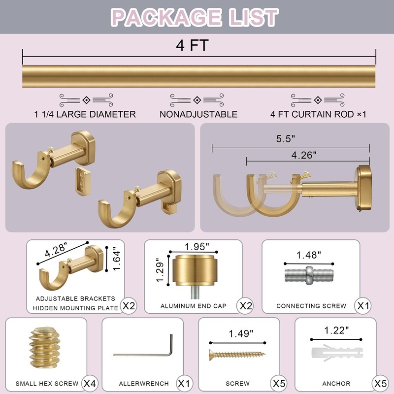 Lwiiom Heavy Duty Curtain Rods,1 1/4" Large Diameter Premium Nonadjustable